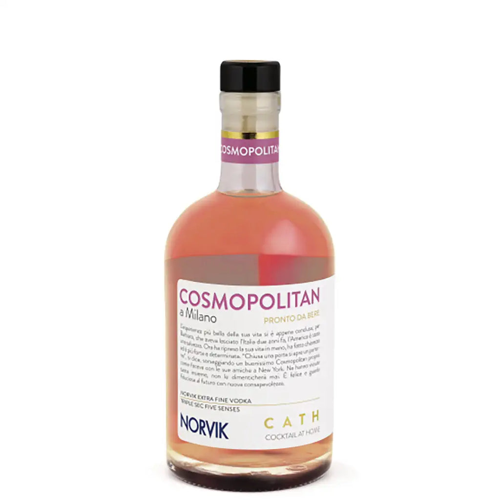 Bottiglia di Cosmopolitan pronto da bere a Milano, cocktail italiano con vodka Norvik