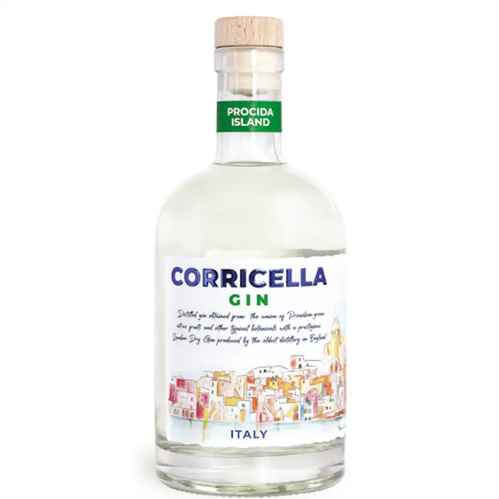 Corricella Gin bottiglia con etichetta colorata, distillato italiano premium per cocktail