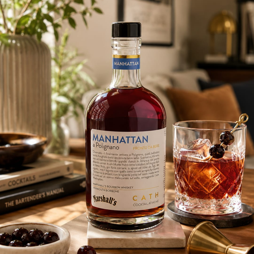 Manhattan cocktail pronto da bere con whiskey e vermouth, servito con ciliegie in bicchiere elegante