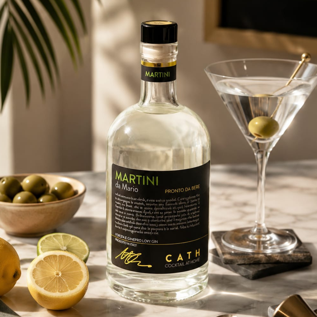 Martini pronto da bere con olive e limone, cocktail italiano premium da casa