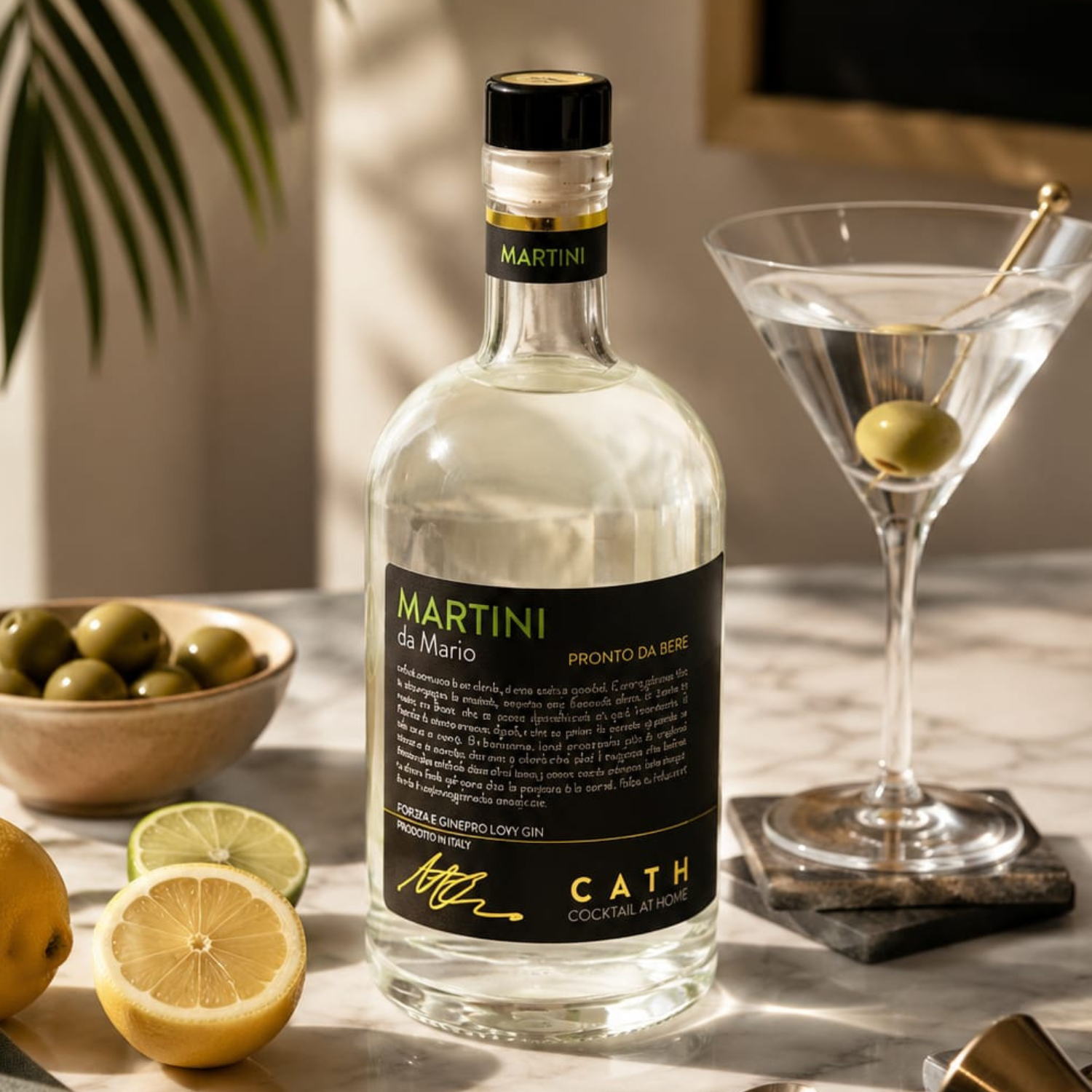 Martini pronto da bere con olive e limone, cocktail italiano premium da casa