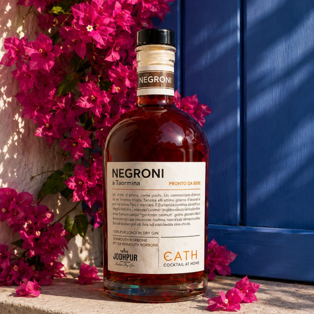 Negroni pronto da bere a Taormina, cocktail italiano con gin Jodhpur, fiori rosa e porta blu